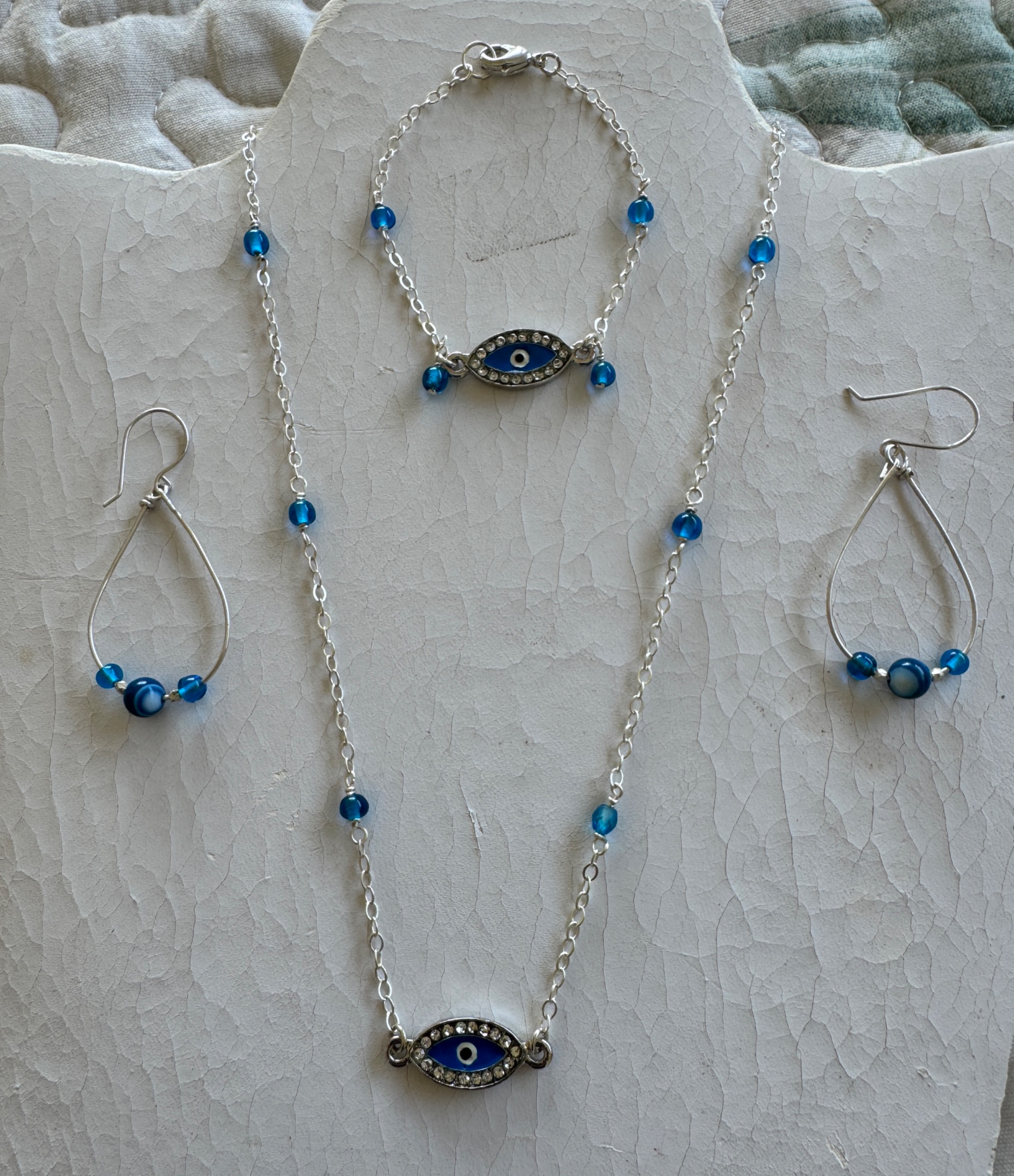 Greek inspired evil eye set: earrings, bracelet and necklace.
